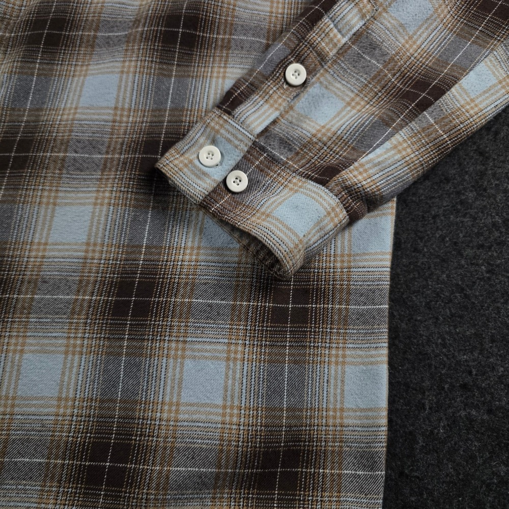 Dixxon Flannel Brown Blue Shadow Plaid Snap Button Work Shirt Grunge Men's L - Picture 13 of 14